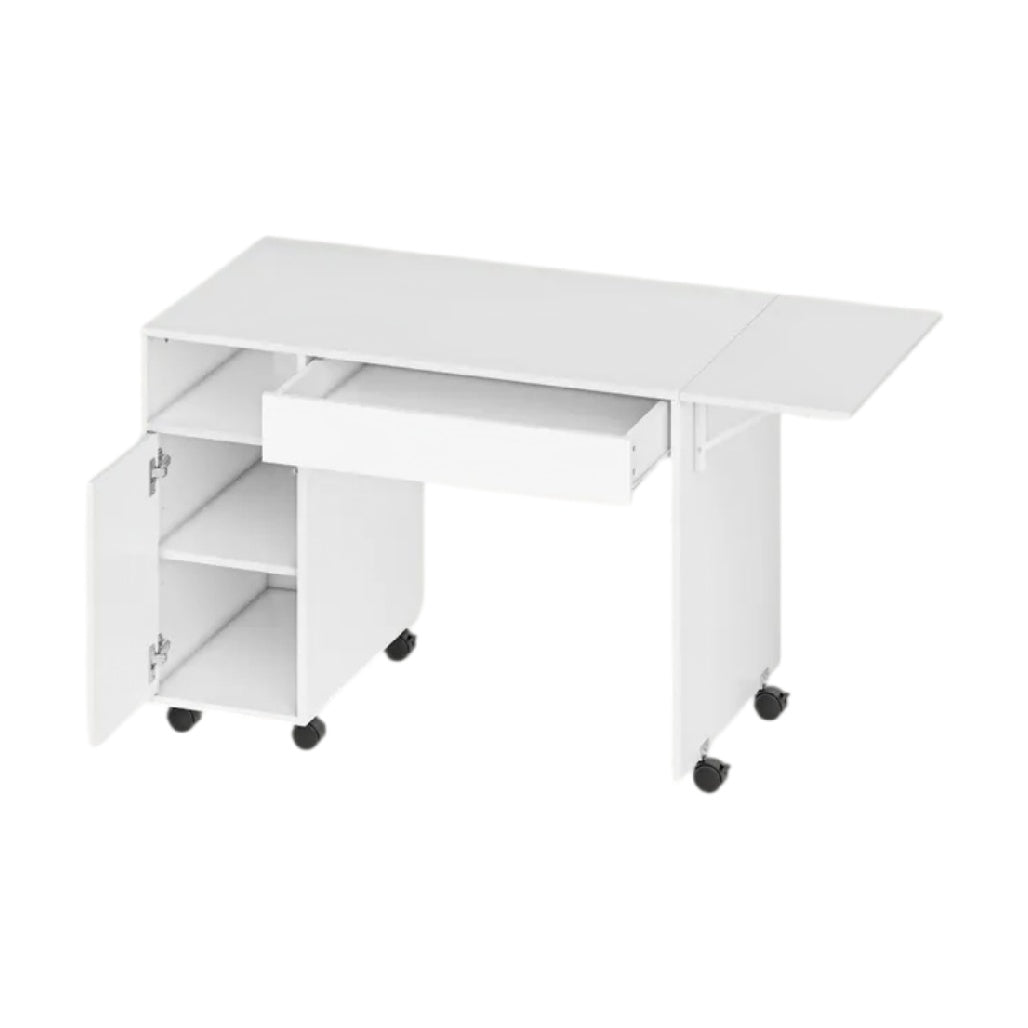 **Table de bureau pliante blanche avec tiroir et étagères, sur roulettes**