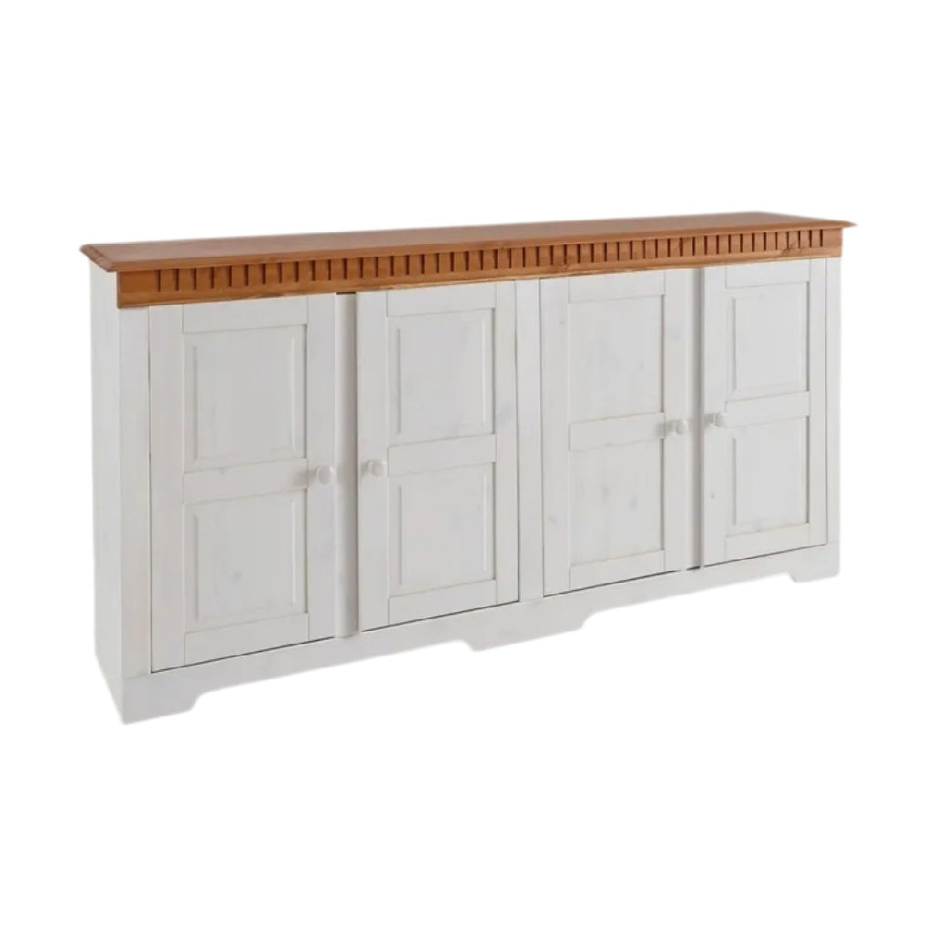 **Buffet en bois blanc avec dessus en bois naturel et portes à panneaux**